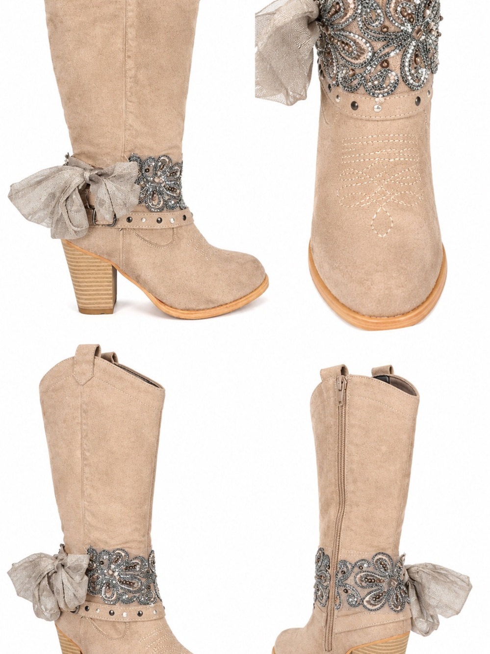 Pierre Dumas Taupe Suede Embellished Heeled Boots
